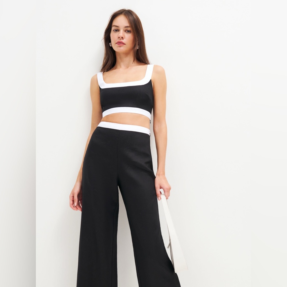 Reformation Alma Linen 10 Black and White Two-Piece Set